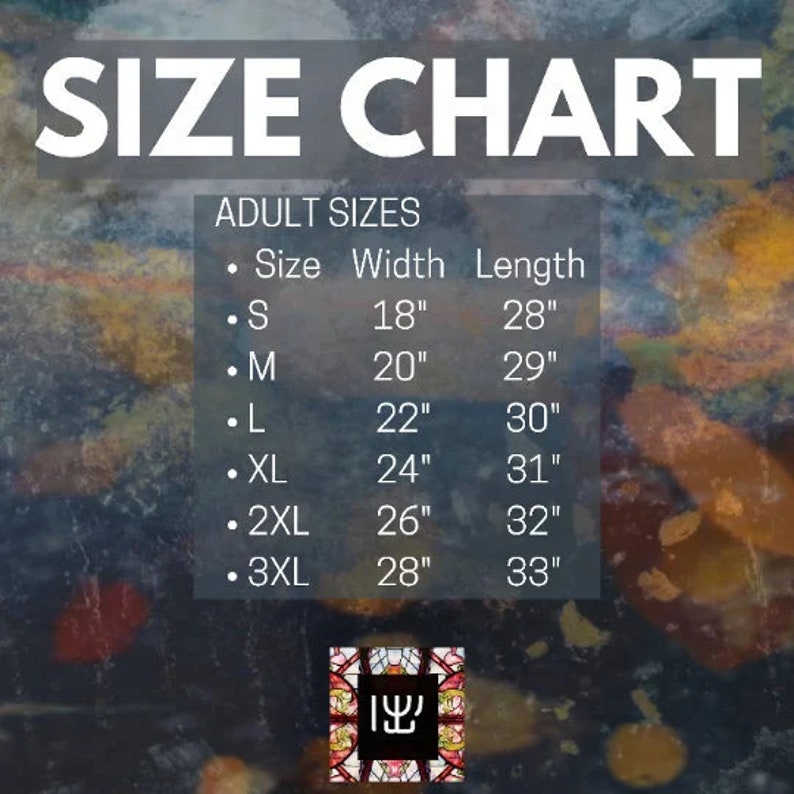 May include: Size chart for adult clothing with measurements in inches. The chart shows the width and length of different sizes, from S to 3XL.