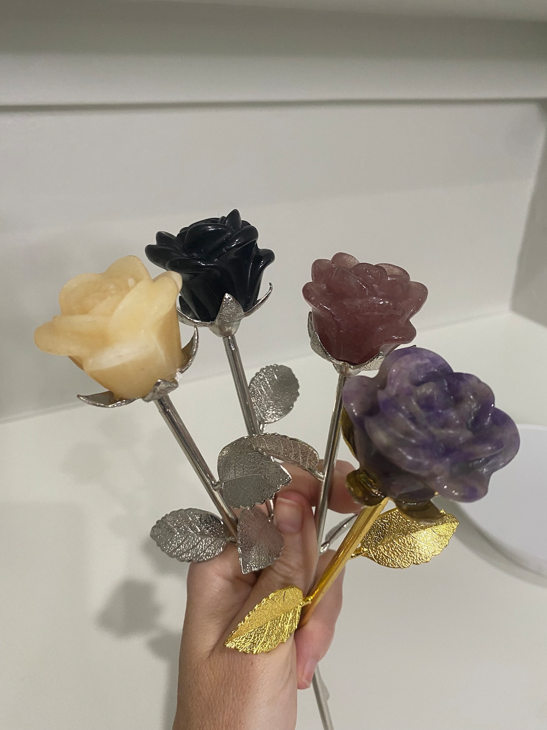 Hand Carved Crystal Roses With Metal Stems - Etsy