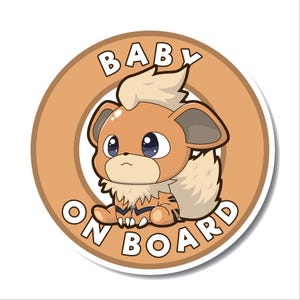 Puede incluir: Adhesivo redondo para coche con un diseño de perro de dibujos animados y el texto "BABY ON BOARD". El perro es de color marrón claro con una melena esponjosa y grandes ojos azules, sobre un fondo naranja. El texto es blanco, y el adhesivo tiene unos 10 cm de diámetro.