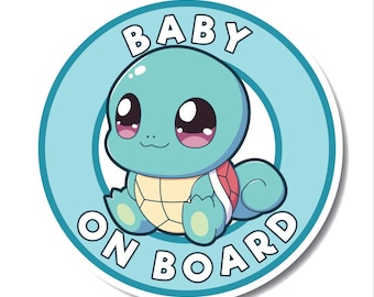 May include: A blue and white circular sticker with the text "BABY ON BOARD" in white. A cartoon turtle with large eyes is in the centre of the circle.