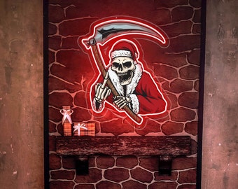 Handmade Christmas Skull Neon Sign, Scary Santa Claus, Party Decor