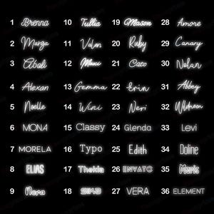 May include: A black and white image with 36 white neon signs with names on a black background. The names are arranged in six rows of six names each. The names are: Brenna, Tullia, Mason, Amore, Marga, Valon, Ruby, Canary, Aboli, Maxi, Cato, Nolan, Alexan, Gemma, Erin, Abbey, Noelle, Wini, Neri, Wildneon, MONA, Classy, Glenda, Levi, MORELA, Typo, Edith, Inline, ELIAS, Thekla, ENVATO, Maris, Nora, SIKA, VERA, ELEMENT.