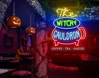 Halloween Coffee Neon Sign, Witchy Cauldron Light, Coffee Shop Decor, Magical Kitchen Display, Spooky Cafe Wall Decor, Tea Lover Gift