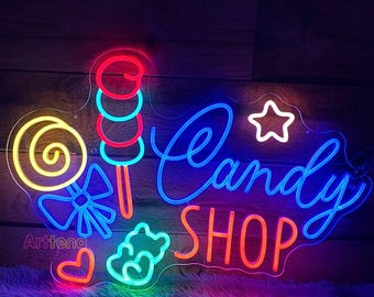 Candy Shop Neon Sign Sweet Lollipop Candy Neon Light Custom Business Logo Opening Sign Candy Store Wall Decor Candy Led Light Welcome Sign