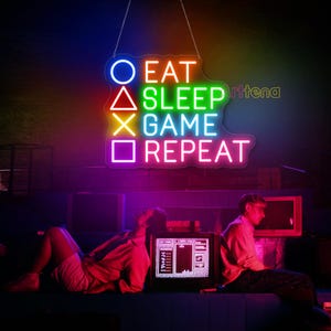 Eat Sleep Game Repeat Neon Sign, Man Cave Wall Art Decor, Game Room Wall Decor, Game Room Neon Sign, Gaming Room Decor, Gift for Gamer