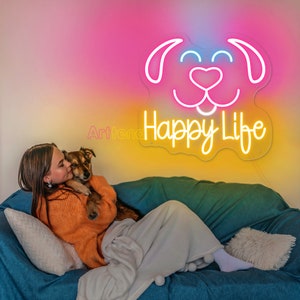 Happy life neon sign, custom neon sign, cat neon sign, dog neon sign, waterproof neon sign, bedroom wall decor, pet neon sign