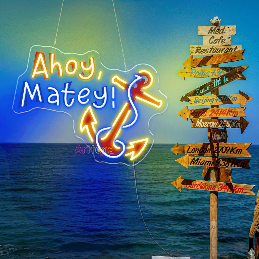 Ahoy Matey LED Neon Sign, Nautical Anchor Wall Decor, Coastal Bar Light ...