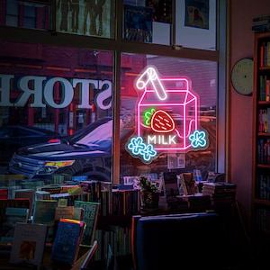 Aardbeienmelk Wall Decor, Kids neon decor, Kawaii kunst aan de muur, Neon Sign Slaapkamer, Karton kunst aan de muur, Drink Neon licht, Kinderkamer neon teken
