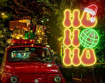 Christmas Hohoho Disco Ball with Santa Hat Neon Sign, Santa Hohoho Neon Sign, Merry Xmas Decor Sign, Christmas Neon Light, Disco Ball Sign