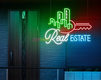 Real Estate Neon Sign Personalised LED Neon Light Sign for Real Estate Company Business Neon Sign Logo Neon Logo Building With Key Logo