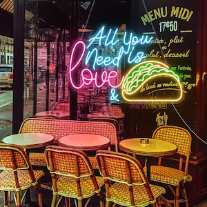 Alles wat je nodig hebt is liefde & taco&#39;s neonbord, taco&#39;s neonbord, wanddecor, restaurantdecor, neonbord, voedsel neonlichtbord, neon wanddecor
