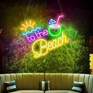 To The Beach Palm Tree Neon Sign, Retro LED Wall Art, Tropical Sunset Beach House Decor, Vacation Home Neon Sign, Beach Sunset LED Light
