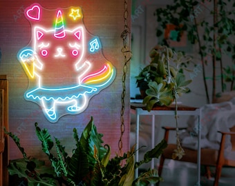 Unicorn Cat Rainbow Neon Sign, Kids Bedroom Decor