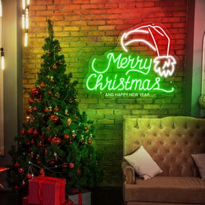 Merry Christmas with Hat Neon Sign, Xmas Party Decor Sign, Happy New Year 2025 LED Sign, Xmas Wall Decor, Christmas Sign,Christmas Neon Sign