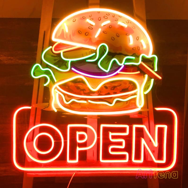 Burger Open Neon Sign, Burger Neon Sign, Custom Neon Sign, Fast Food ...