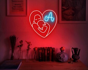Heart Mother & Daughter Neon Sign, Custom Initial, Personalized Mum Gift