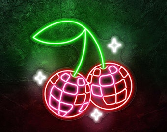 Disco Kirsche Neon Schild, Kirsch Disco Kugeln Neon Schild, Rosa Raumdekoration, Neon Schilder für Junggesellinnenabschied, Geschenk für 90er Jahre