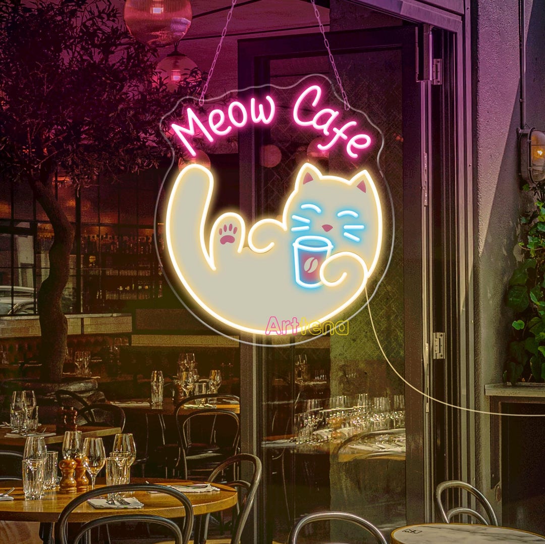 Meow Cafe LED Neon Sign, Cat Coffee Shop Wall Decor, Custom Neon Light ...