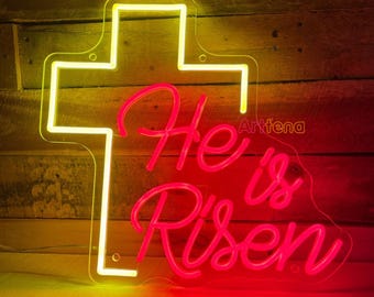 Letrero de neón con cruz de He Is Risen Letrero de neón con cruz Decoración de pared de Feliz Pascua Luz de neón con cruz cristiana Letrero de neón con fe religiosa Letrero de neón de Jesús