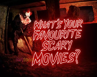 Jaki jest Twój ulubiony neonowy znak z napisem Straszne filmy, Znak z napisem Straszne filmy, Prezent z horrorem, Dekoracja z horrorem, Mroczny wystrój artystyczny, Fani horrorów