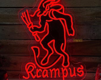 Neonreclame Krampus, gotisch kerstdecor, Satan-muurkunst