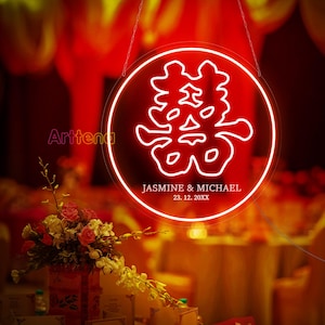 Custom Chinese Double Happiness with Couple Name Neon Sign, Double Happiness Chinese Sign, Traditional Wedding Decor, Happiness Neon Sign