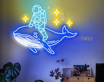 Astronauts with Whale Neon Sign Spaceman Custom Neon Sign For Home Neon Light LED Sign Neon Sign Bedroom Neon Wall Sign Led Sign Room Decor