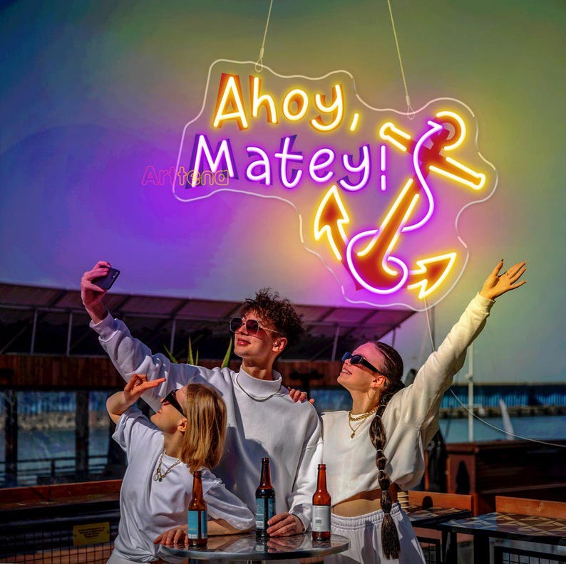 Ahoy Matey LED Neon Sign, Nautical Anchor Wall Decor, Coastal Bar Light ...
