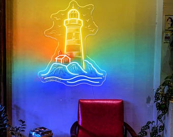 Lighthouse LED Neon Sign, Coastal Beach Wall Decor, Ocean Lighthouse Light, Nautical Room Decor, Seaside Home Accent Gift