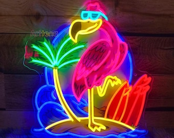 Letrero de neón de flamenco, luz de flamenco para surfear, letrero de Hola verano, letrero de neón para casa de playa, decoración de bar de piscina, letrero de palmera, flamenco tropical LED