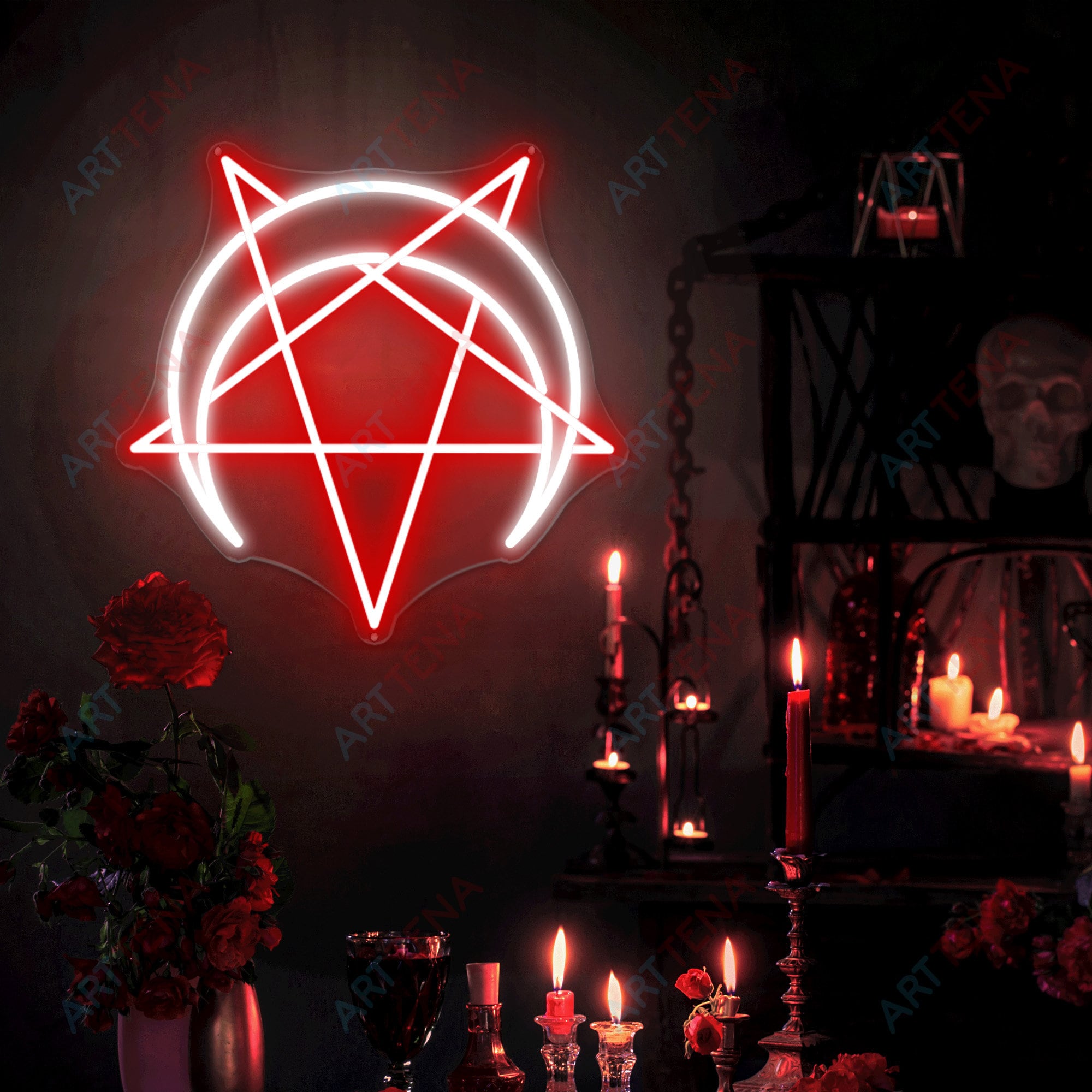 逆五芒星ネオンサイン、月バフォメットクロス装飾 - Etsy 日本