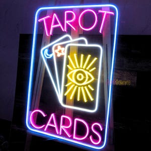 Letrero de neón de carta de tarot personalizado, lector de cartas de tarot, letrero de neón de estrellas y luna de tarot psíquico, letrero de adivino, decoración de tienda psíquica, letrero de neón personalizado