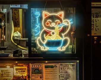 Fortune Cat Ramen Sign Cute Ramen Sign Lucky Cat Neon Sign amen Japanese Custom Neon Sign Maneki Neko Japanese Noodles neon sign Ramen Bowl
