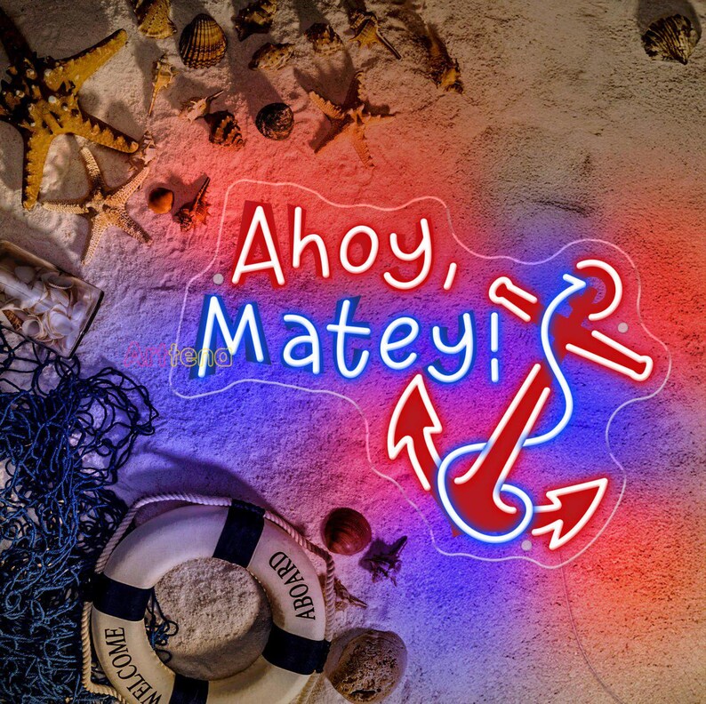Ahoy Matey LED Neon Sign, Nautical Anchor Wall Decor, Coastal Bar Light ...