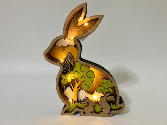 Wooden Carved Rabbit Ornaments With Lights-3D Laser Cut Wooden Bunny With Interior Design-Wooden Animal Home Decoration-Easter Gifts for Kid