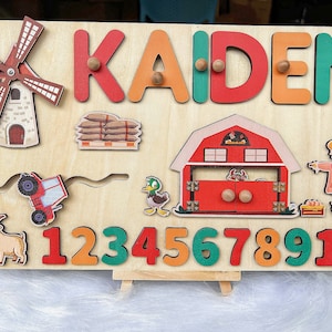 Custom Farm Name Sign,Custom Handmade Puzzle with Farm,Montessori Baby Toy,Personalized Baby Name Puzzle Kids gift,Wooden Name Puzzle,Number