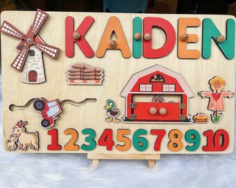 Custom Farm Name Sign,Custom Handmade Puzzle with Farm,Montessori Baby Toy,Personalized Baby Name Puzzle Kids gift,Wooden Name Puzzle,Number