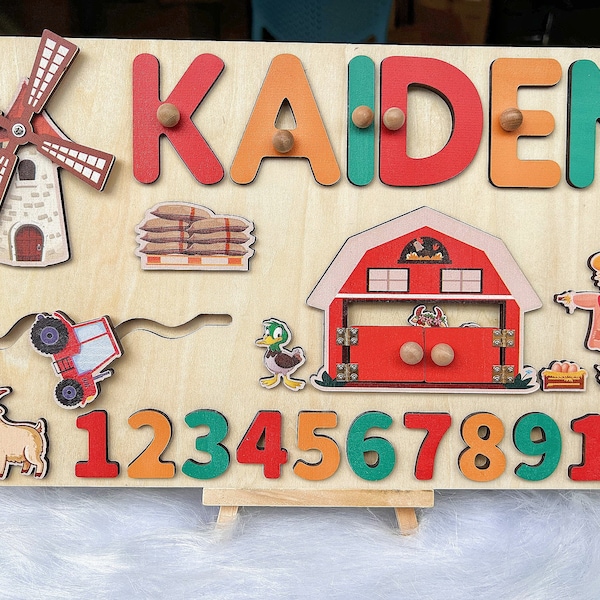 Aangepaste boerderij naam teken, aangepaste handgemaakte puzzel met boerderij, Montessori baby speelgoed, gepersonaliseerde baby naam puzzel Kids cadeau, houten naam puzzel, nummer