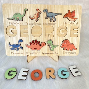 Custom Handmade Puzzle With Dinosaur ,Wooden Name Puzzle,Personalized Baby Name Puzzle,Montessori Baby Toys, 1st Birthday Gifts for Baby image 4