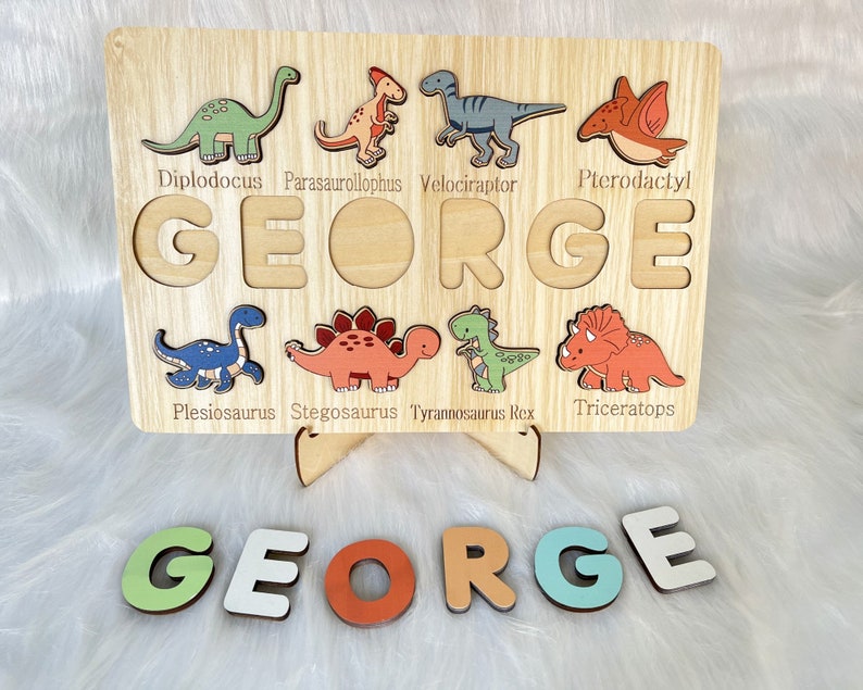 Custom Handmade Puzzle With Dinosaur ,Wooden Name Puzzle,Personalized Baby Name Puzzle,Montessori Baby Toys, 1st Birthday Gifts for Baby image 4
