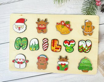 Kerstnaampuzzel, gepersonaliseerde houten naampuzzel, aangepaste puzzel zintuiglijke activiteit, kerstcadeau voor baby, handgemaakte kinderkamer decor