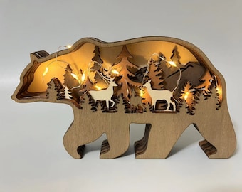 Custom Wooden Carved Bear Ornament With Lights-Personalized Gift for kids-Animal Desk Ornament in Forest Landscape-Wooden Toys for Toodlers