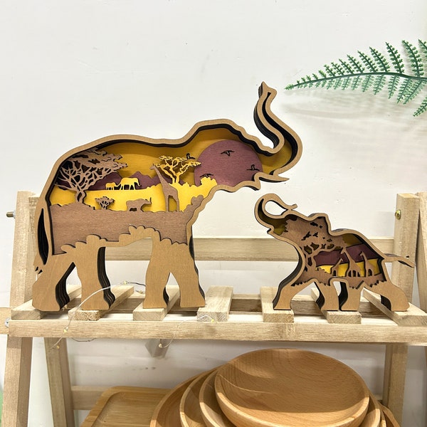 Custom 3D Large Elephant And Baby Elephant Wooden Ornament With Lights -Animal Table Decorations - Wooden Toys For Kids - Wooden Decor