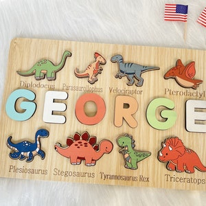 Custom Handmade Puzzle With Dinosaur ,Wooden Name Puzzle,Personalized Baby Name Puzzle,Montessori Baby Toys, 1st Birthday Gifts for Baby image 3