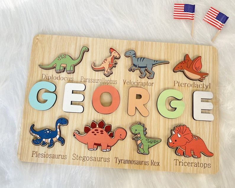 Custom Handmade Puzzle With Dinosaur ,Wooden Name Puzzle,Personalized Baby Name Puzzle,Montessori Baby Toys, 1st Birthday Gifts for Baby image 3