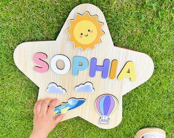Puzzle con nome in legno personalizzato a forma di stella-Giocattoli Montessori con nome per bambini-Giocattoli in legno per bambini- Unisex Bambini 1°/2° compleanno-Regalo per baby shower