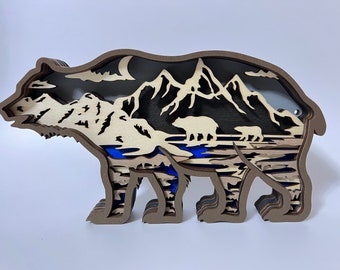 Custom Wooden Carved 3D Bear With Light Desk Decoration-Animals Ornaments in Forest Landscape-Wooden Toys For Kids-Custom Gift for kids