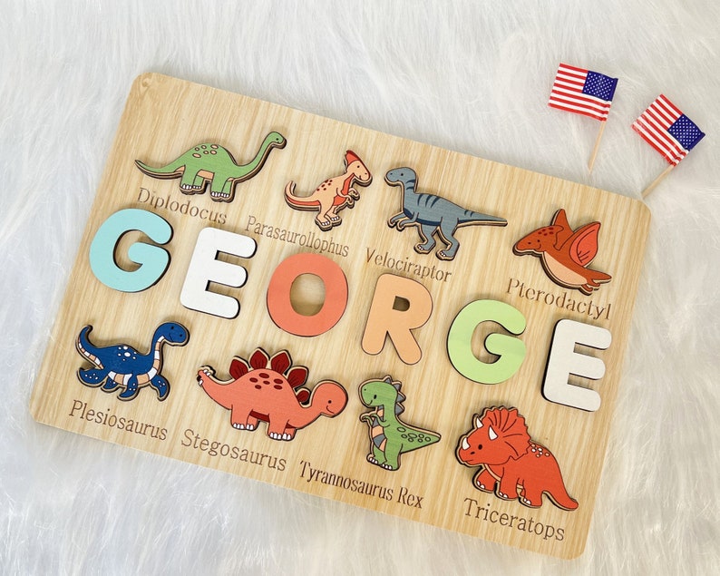 Custom Handmade Puzzle With Dinosaur ,Wooden Name Puzzle,Personalized Baby Name Puzzle,Montessori Baby Toys, 1st Birthday Gifts for Baby image 8