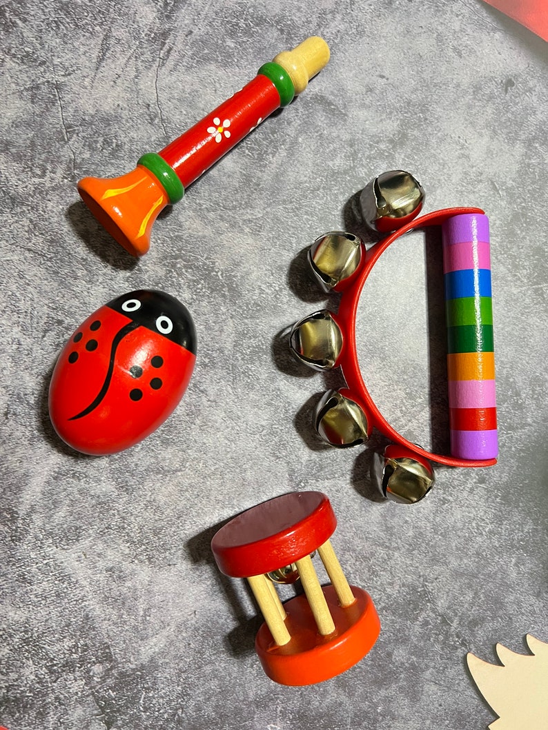 4-delige houten instrumenten set in rood, Montessori houten speelgoedinstrumenten kit voor peuters, babymuziekinstrument, muziekinstrument, houten speelgoed afbeelding 4