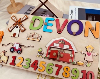 Custom Wooden Name Puzzle-Montessori Personalized Puzzle For Toddlers-1st Birthday Gift for Baby Girl Boy- Colorful Wooden Animals Name Sign